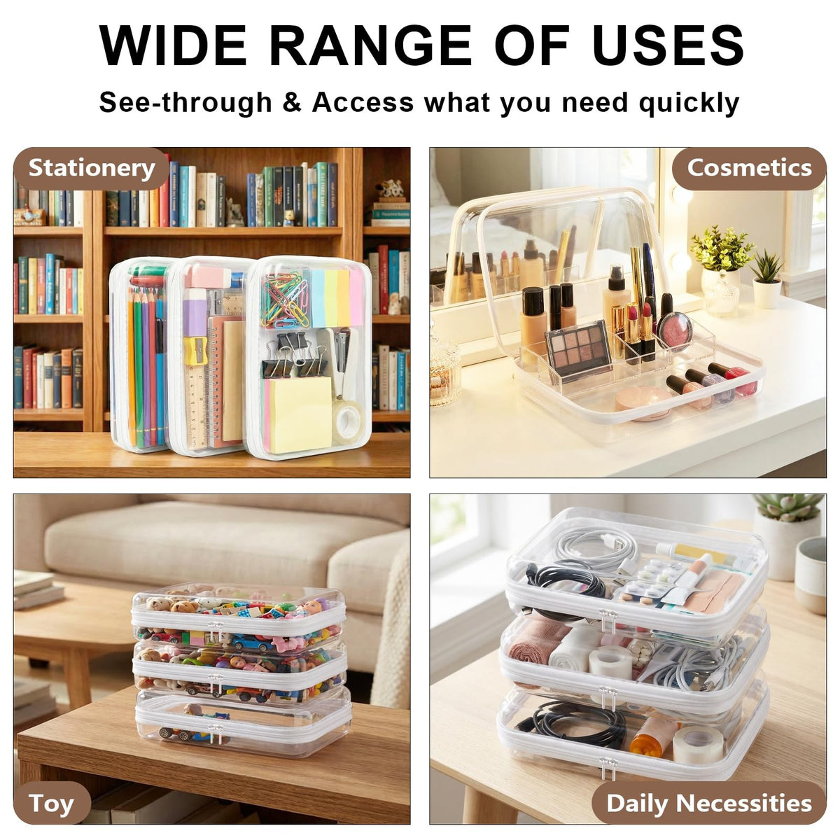 Large Clear Hard Shell Zipper Organizer Cases 3-Pack Waterproof Travel Storage