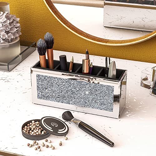 4 Slot Mirrored Makeup Brush Organizer Glass Storage Case with Crystals