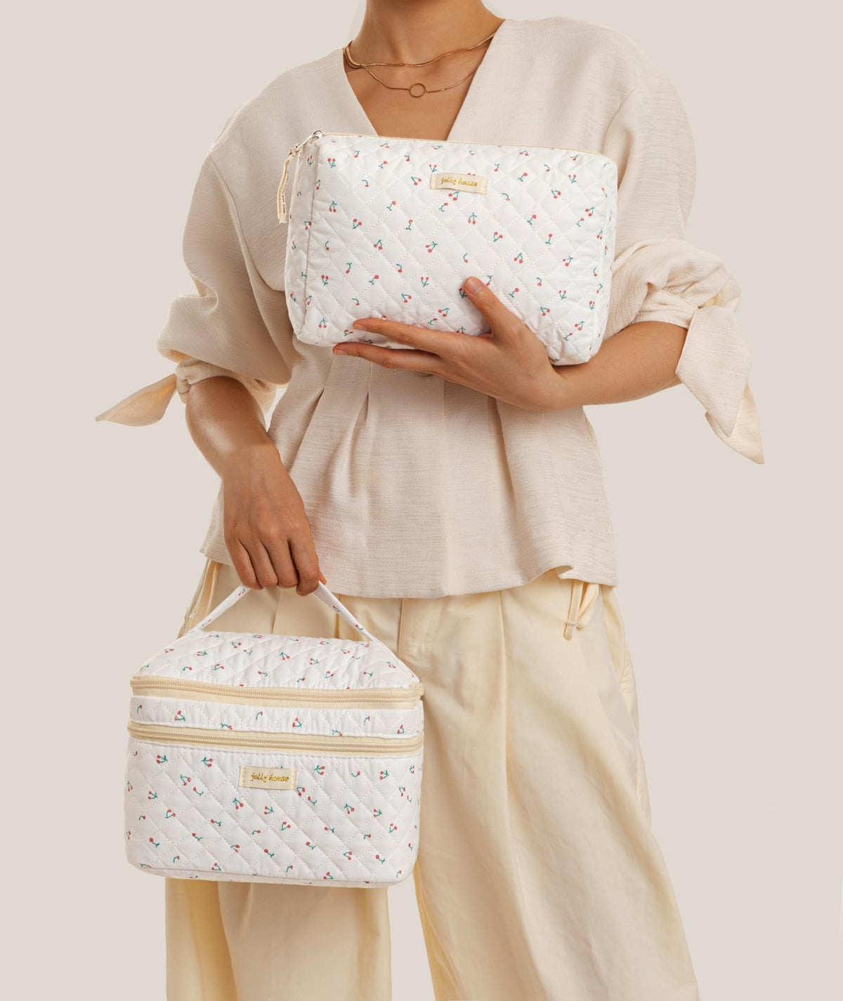 Large Cotton Quilted Travel Makeup Bag Set - Women Cosmetic Organizer