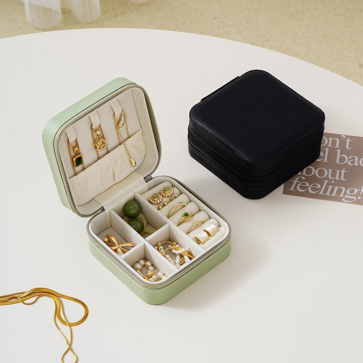 Travel Jewelry Case - Small Leather Organizer with Necklace Hooks & Ring Grooves, Green