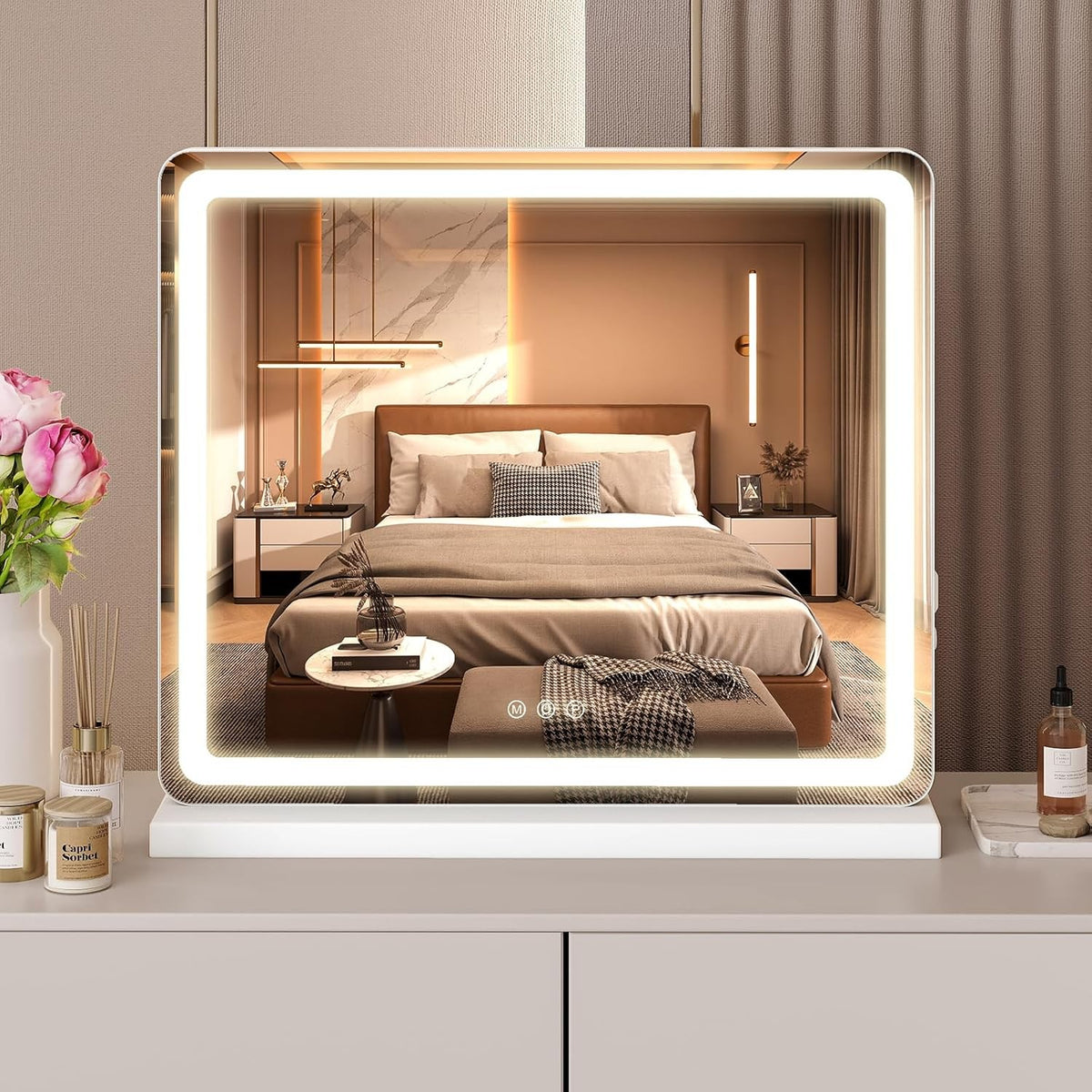 Dimmable LED Vanity Mirror with 3 Light Colors, Aluminum Frame, USB Charging