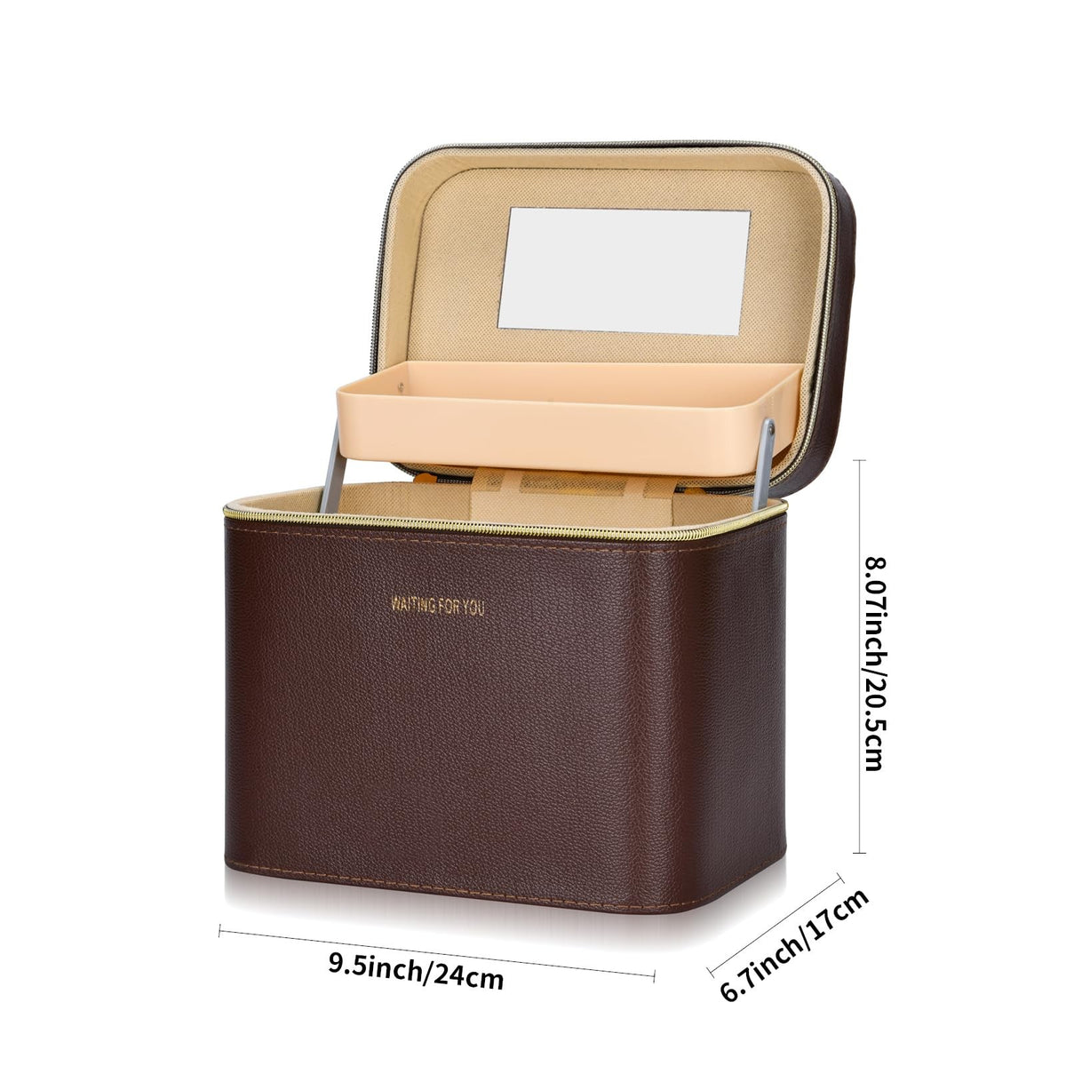 Luxury Leather Makeup Case with Mirror - Portable Brown Cosmetic Organizer