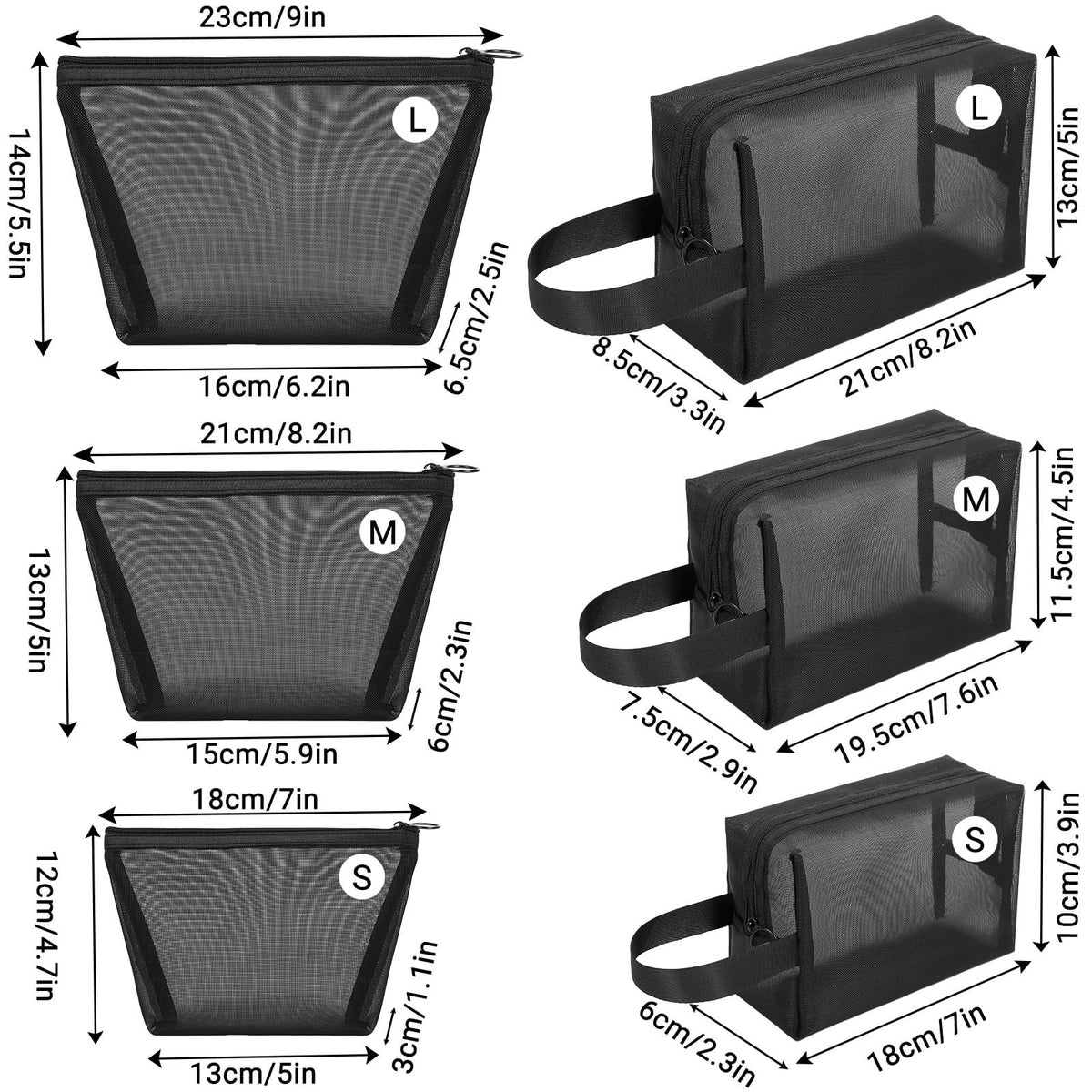 Mesh Makeup Bags Set - Assorted Sizes, Nylon Travel Organizer, Black
