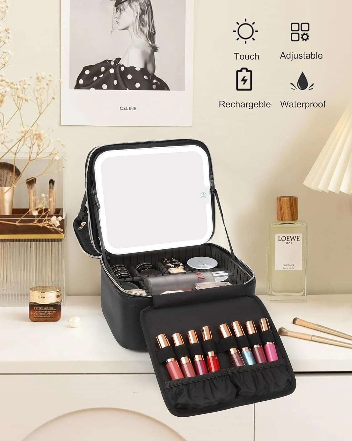Travel Makeup Case with LED Mirror, Adjustable Compartments, Portable Organizer