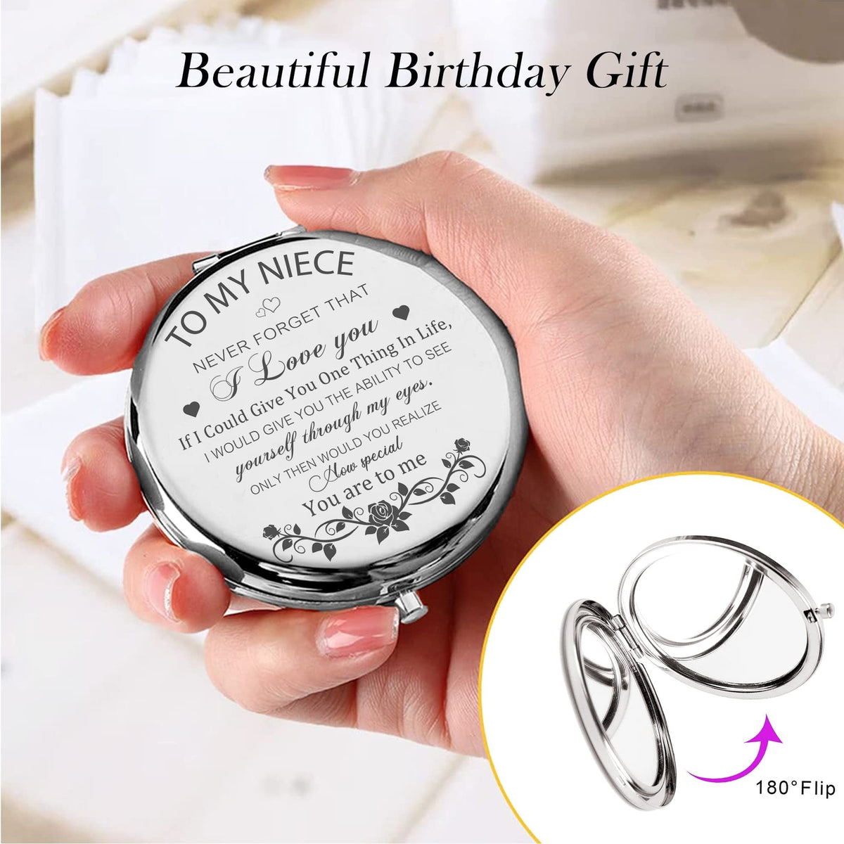 Silver Compact Mirror for Niece from Aunt - Engraved Gift, 2.7 Inch