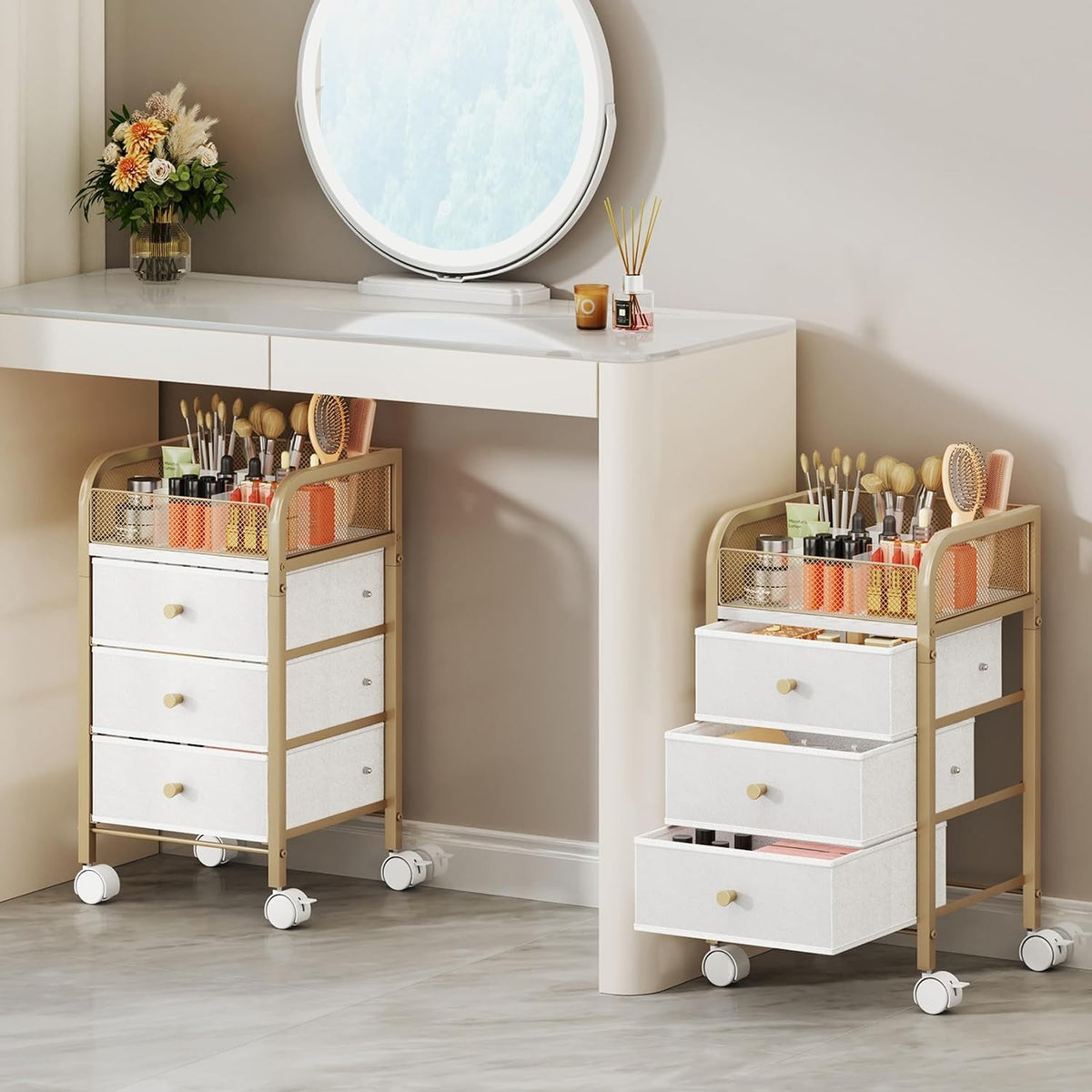 Rolling Makeup Organizer Cart with 3 Non-Woven Drawers Under Desk Storage