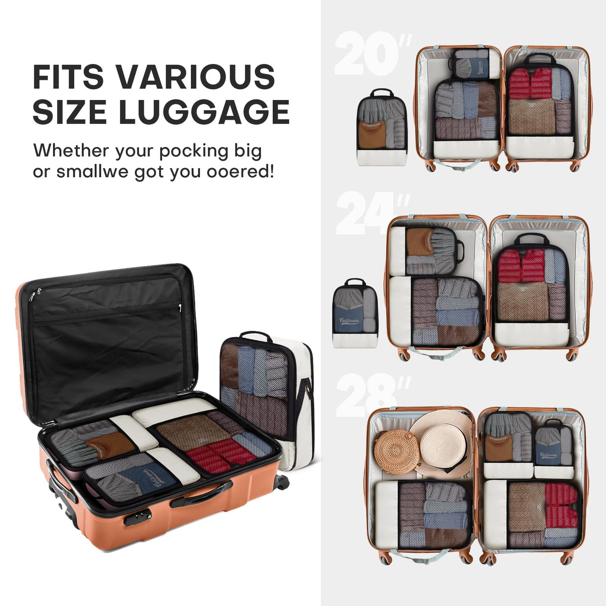 Travel Compression Packing Cubes Set - Lightweight Suitcase Organizers, Beige