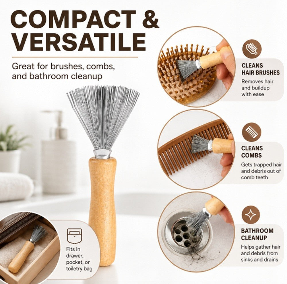 Hair Brush Cleaner Tool Metal Rake with Wooden Handle for Hair and Lint Removal
