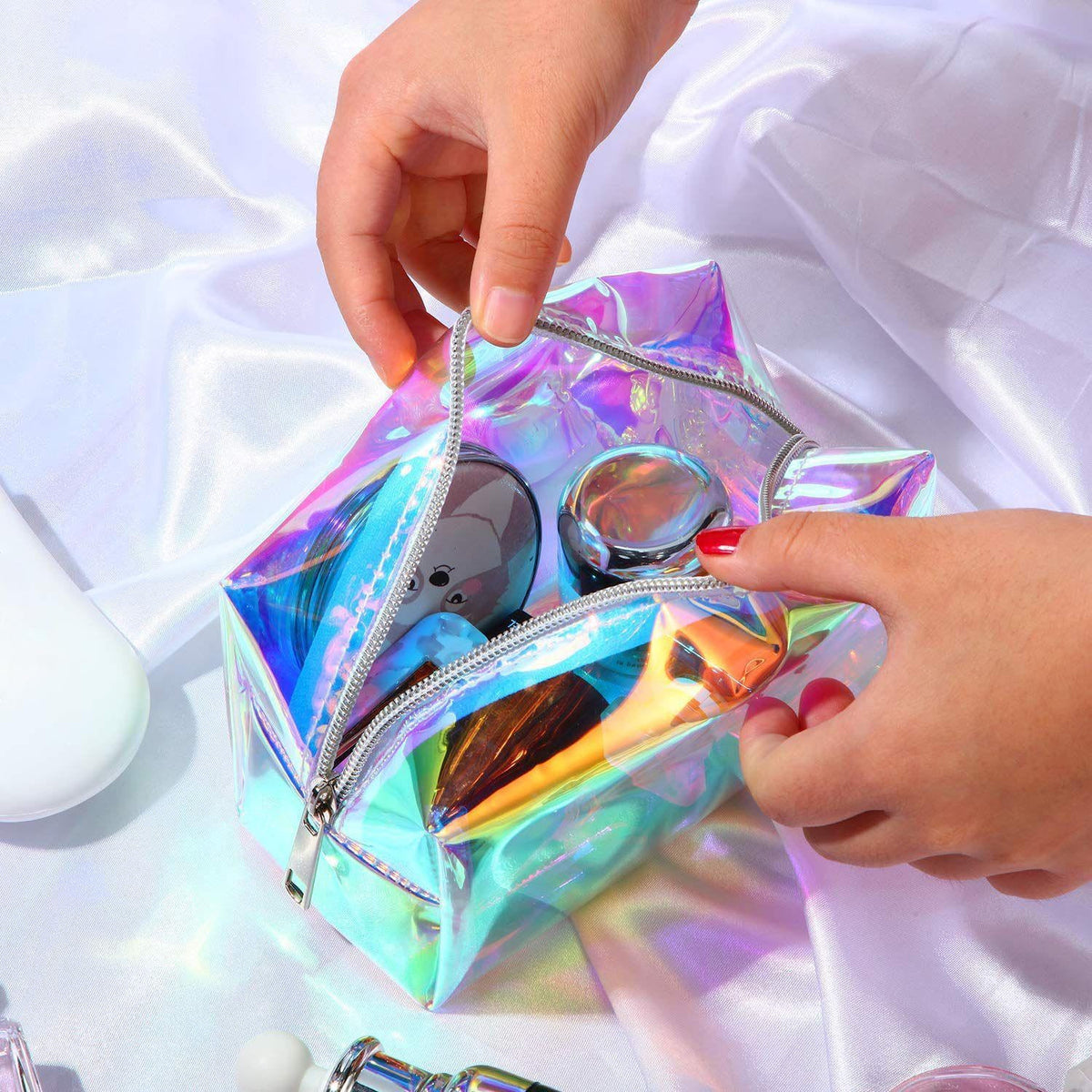 Clear Iridescent Holographic Makeup Bag Glitter Travel Cosmetic Pouch 2 Pack