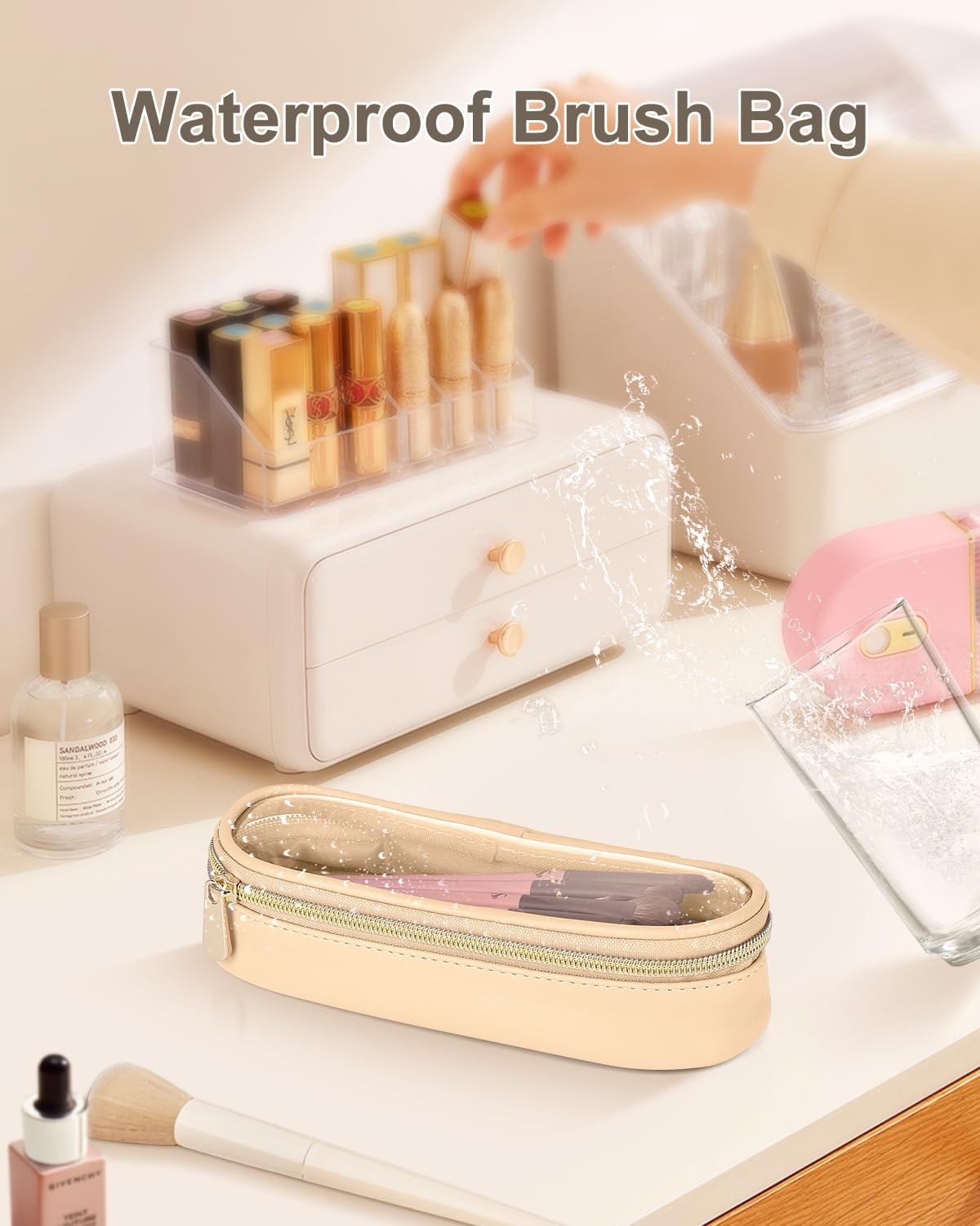 Travel Makeup Brush Holder Leather Waterproof Case Khaki