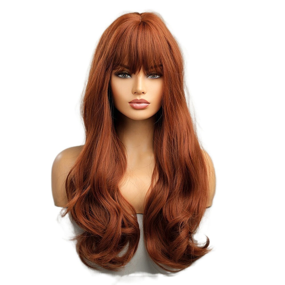 Copper Red Long Wavy Synthetic Wig with Bangs - Heat Resistant & Tangle-Free
