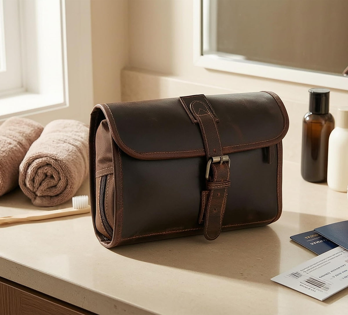 Leather Hanging Toiletry Bag Men Travel Organizer with Brass Hook