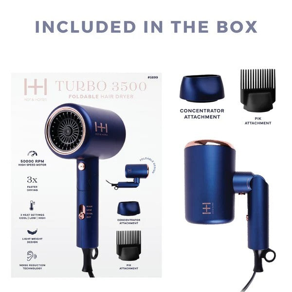 Hot & Hotter Turbo 3500 Foldable Hair Dryer - Lightweight & Compact