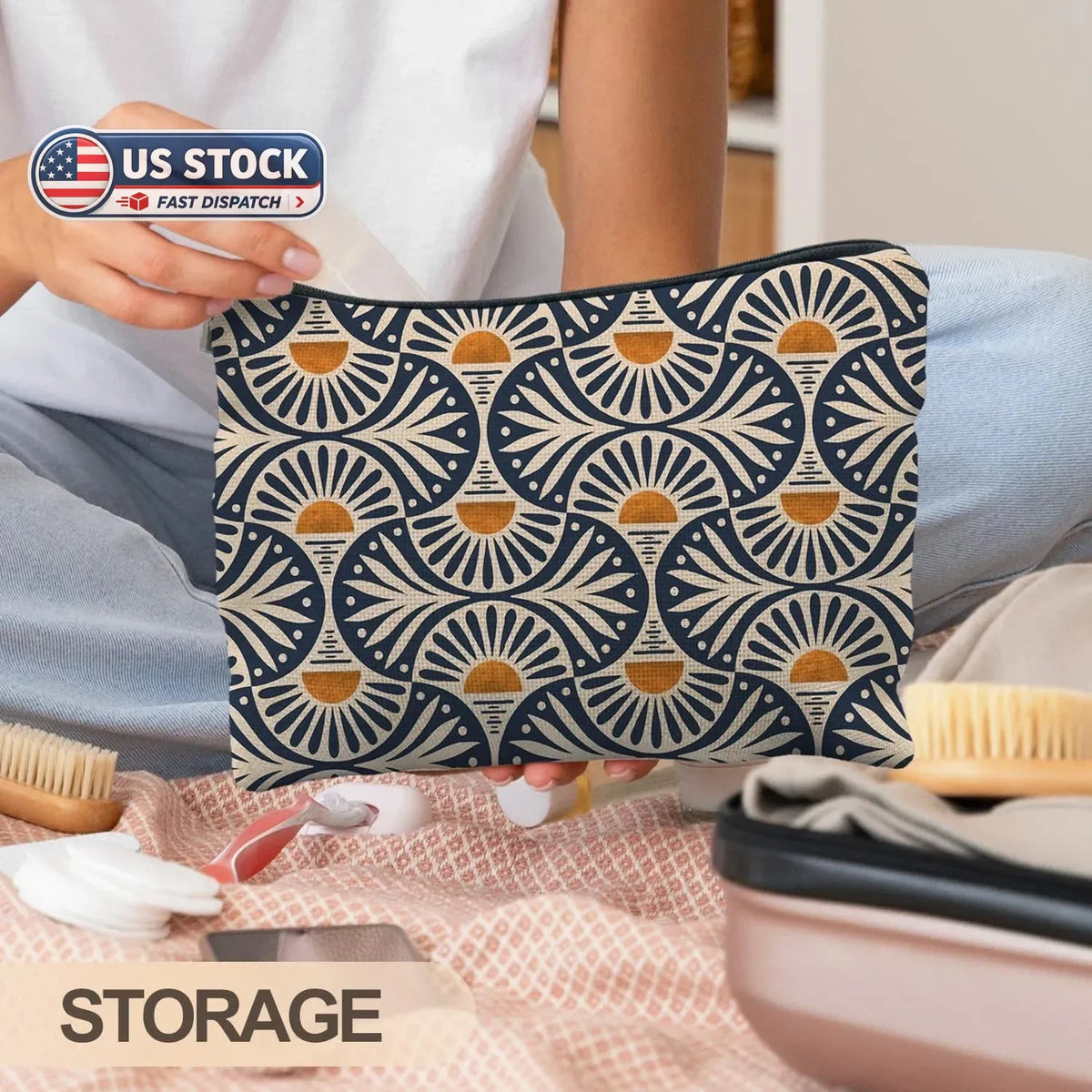 Boho Makeup Bag for Women, Sunset Leaf Design Cosmetic Pouch