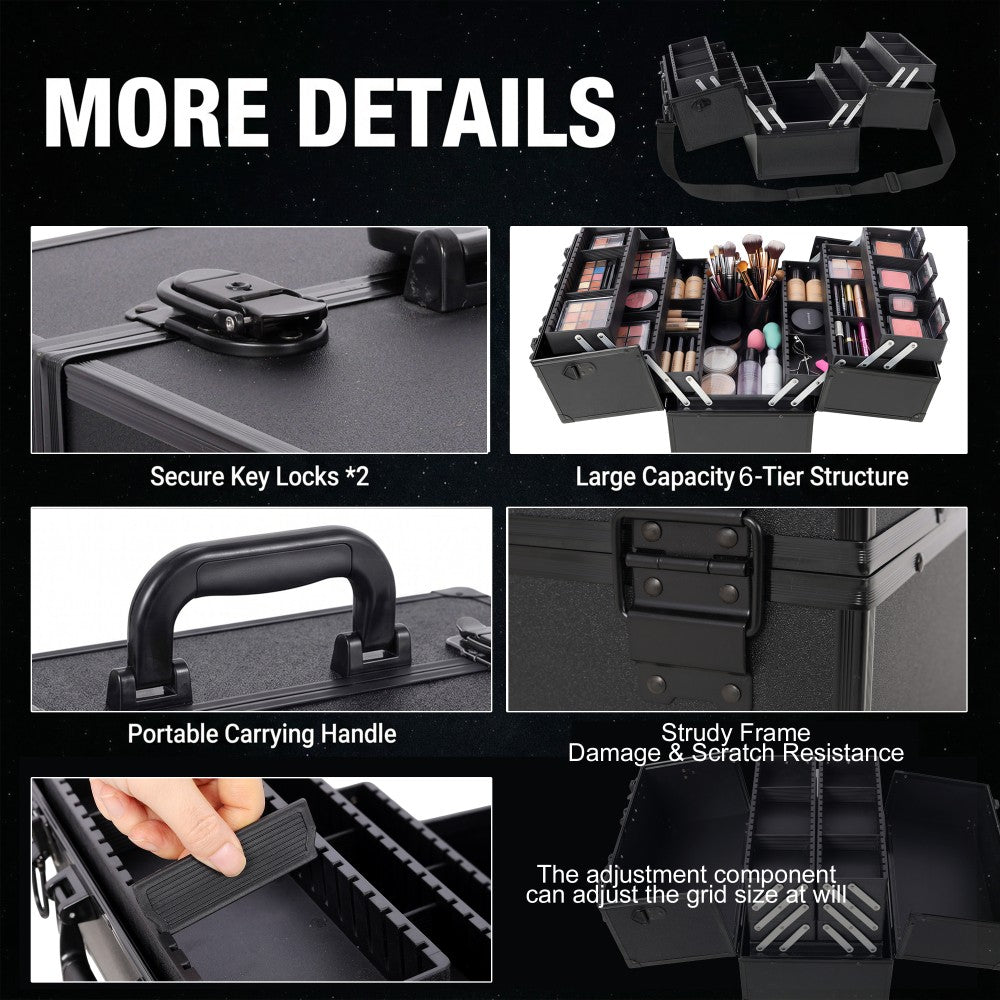 Large Lockable Makeup Train Case with 6 Adjustable Trays, Travel Cosmetic Organizer