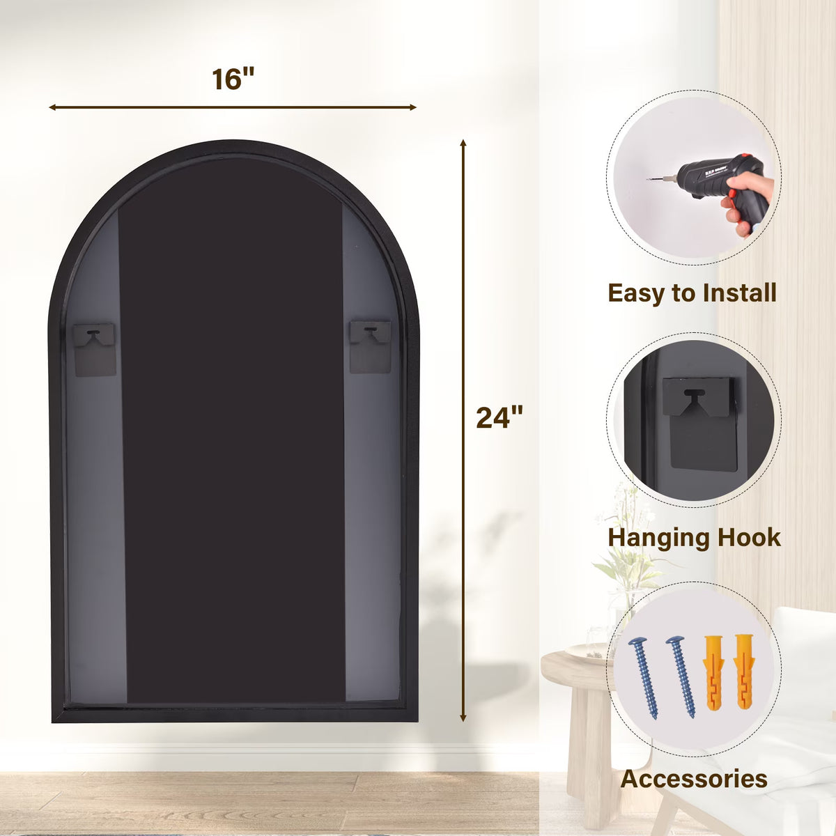 Arched 24x16 Bathroom Mirror with Black Aluminum Frame - Wall Mounted Vanity Mirror