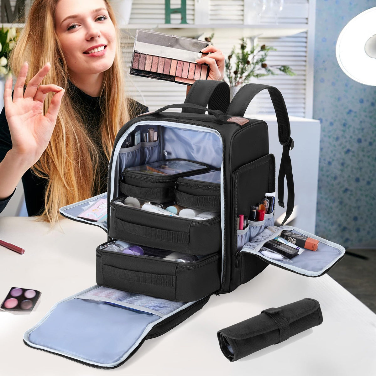 Travel Makeup Backpack with Removable Pouches & Brush Bag - Large Capacity