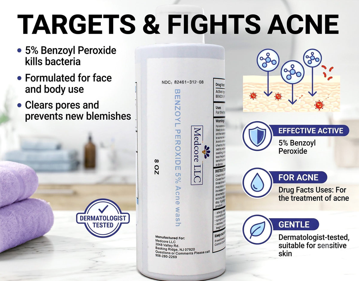 Medcore Benzoyl Peroxide 5% Acne Face & Body Wash - 8 oz, 3 Pack
