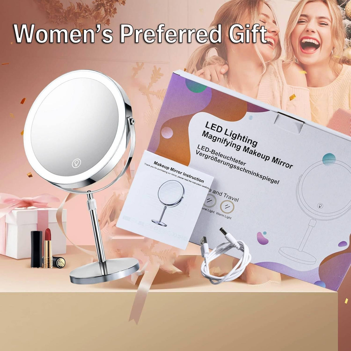 Makeup Mirror with Lights and 10X Magnification - Dimmable LED, Adjustable Height, 360° Rotation