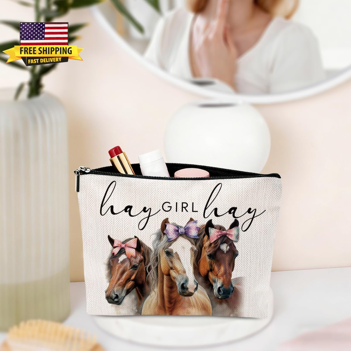 Horse Lover Makeup Bag Western Country Girl Gift Waterproof Canvas
