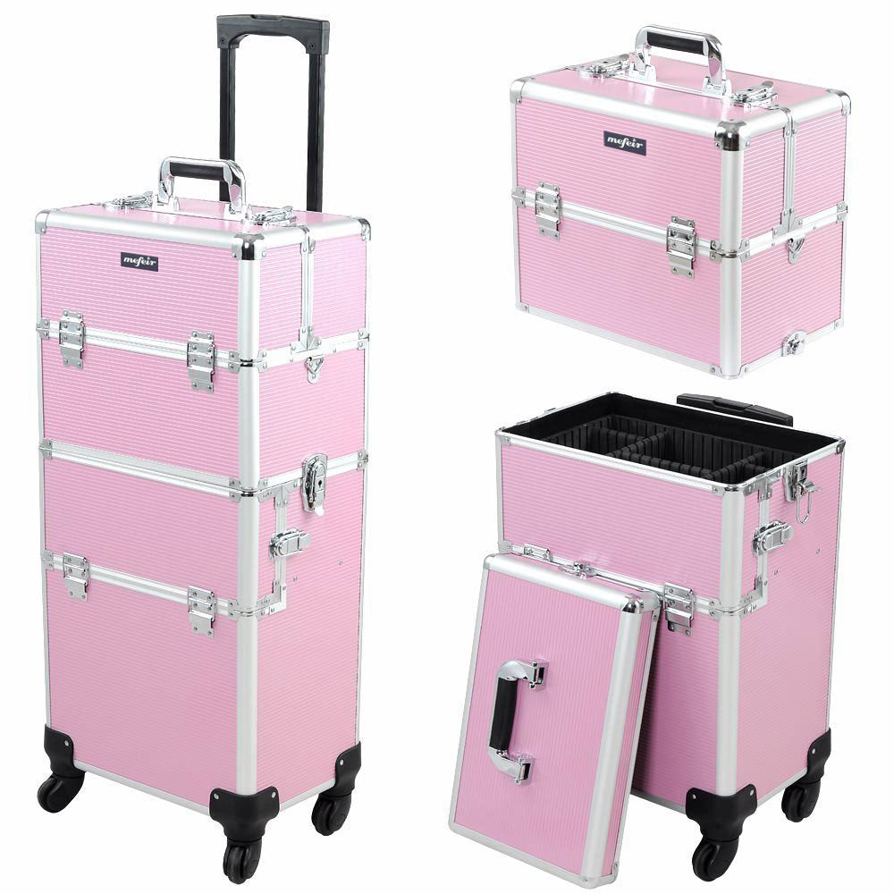 3-in-1 Rolling Cosmetic Trolley Makeup Organizer Travel Case - Black & Pink