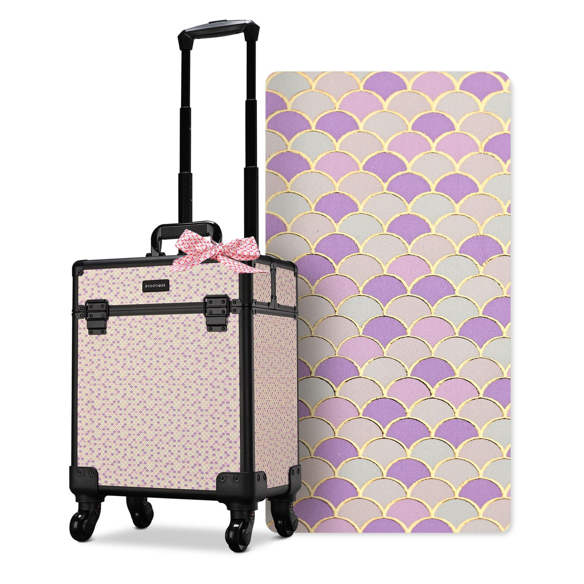 Rolling Makeup Train Case on Wheels - Art Deco Cosmetic Trolley with Extendable Trays
