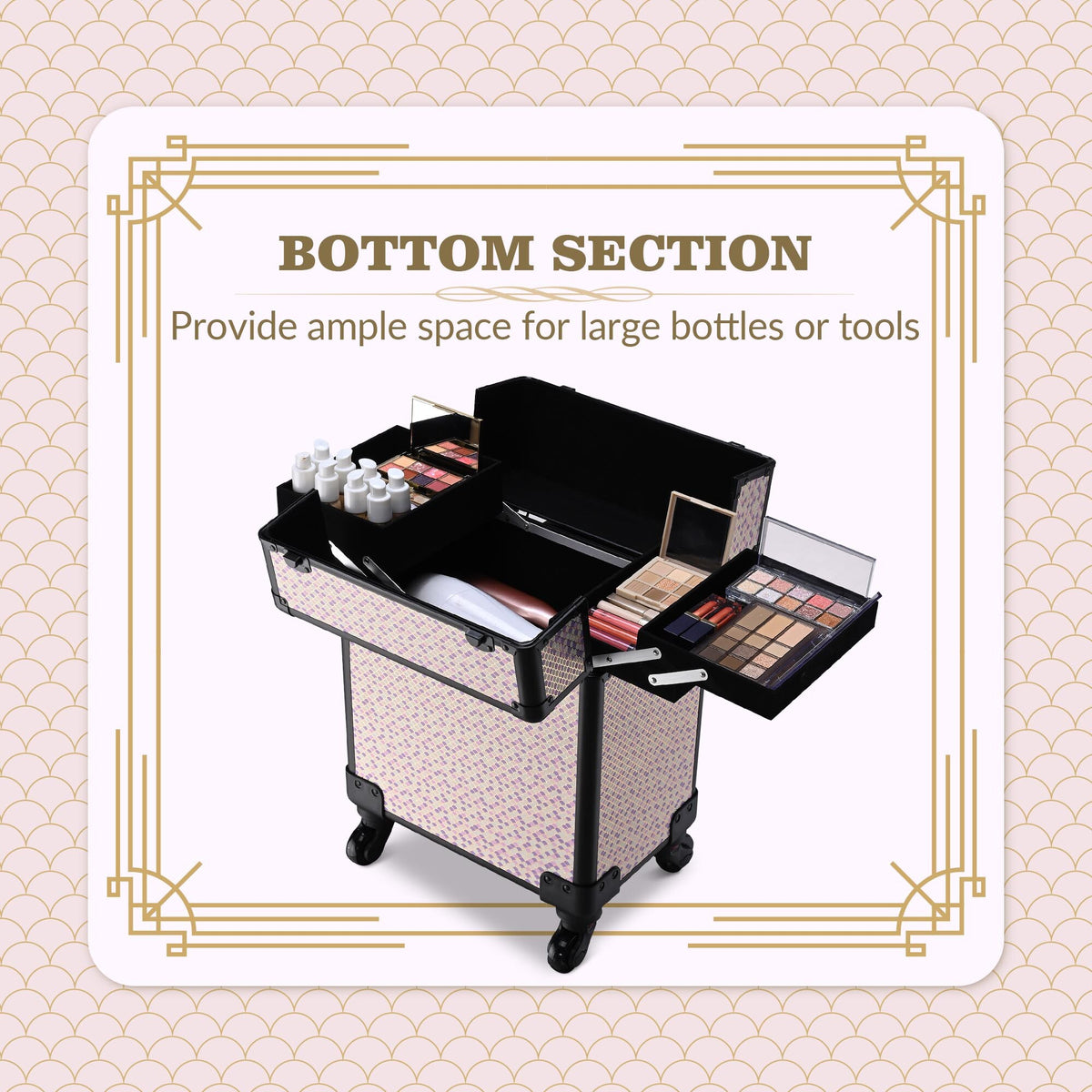 Rolling Makeup Train Case on Wheels - Art Deco Cosmetic Trolley with Extendable Trays