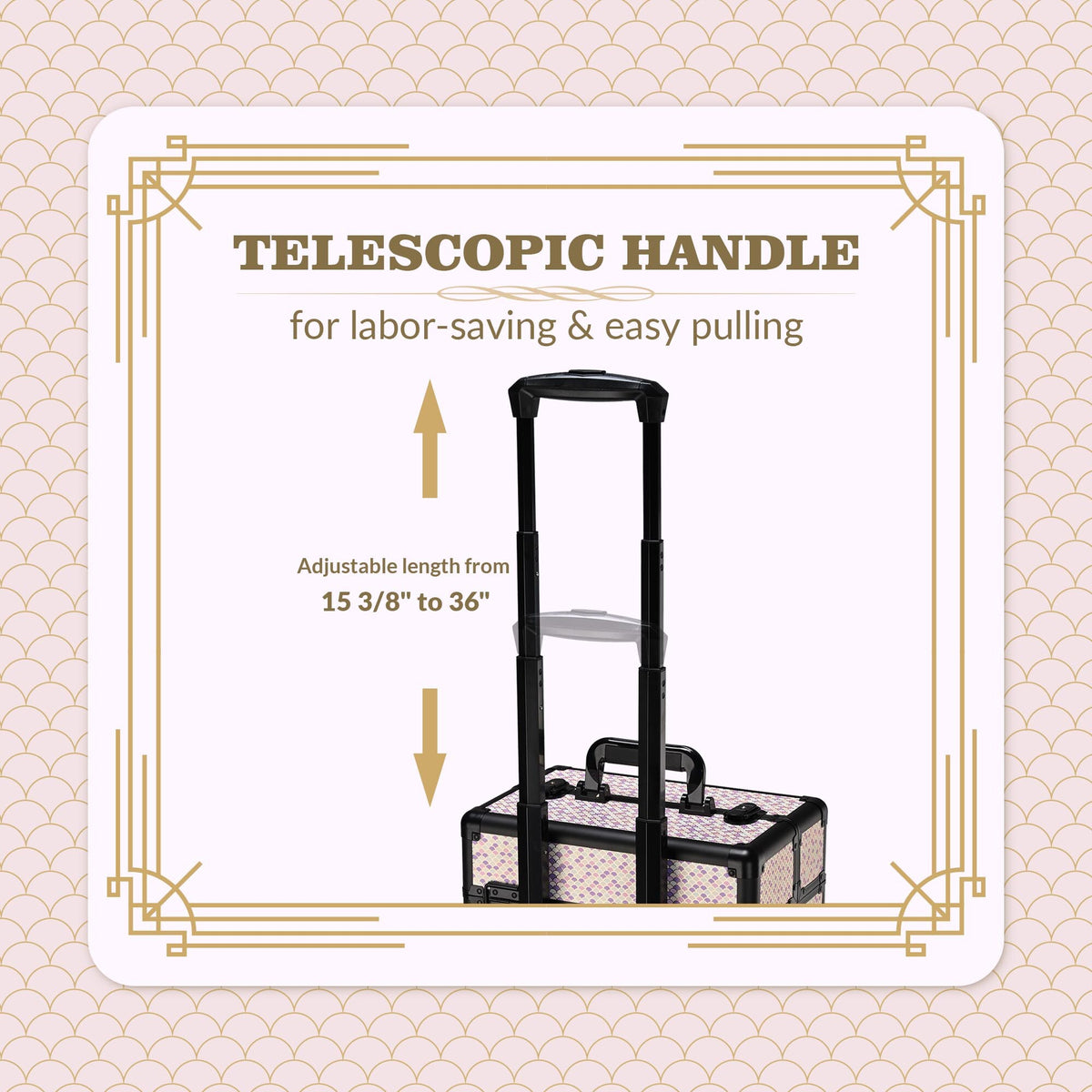 Rolling Makeup Train Case on Wheels - Art Deco Cosmetic Trolley with Extendable Trays