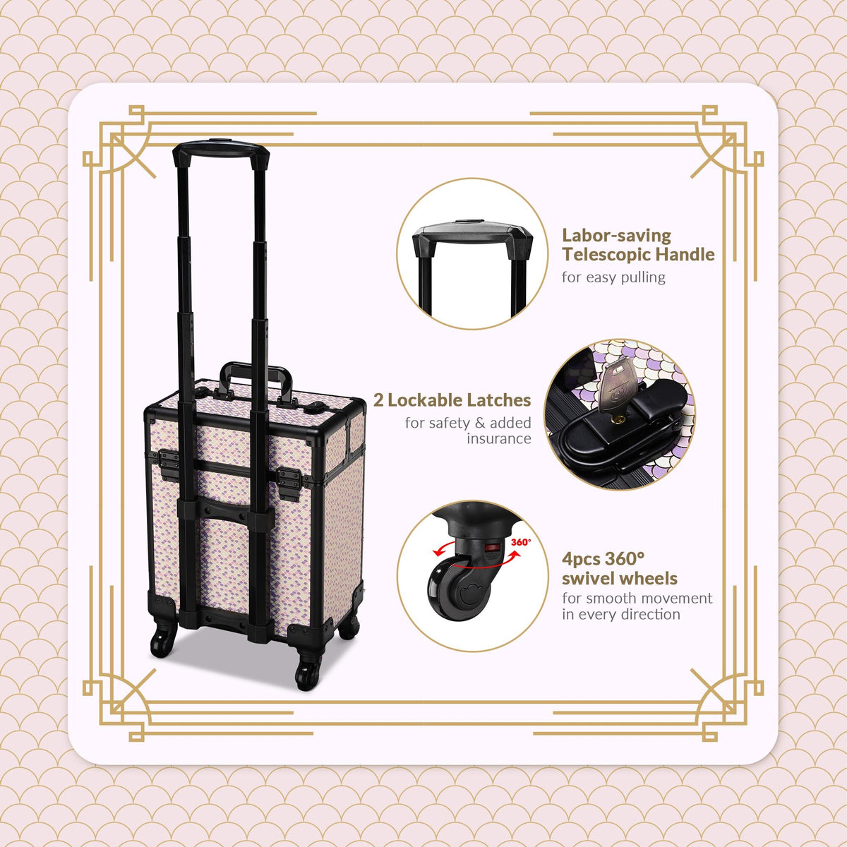 Rolling Makeup Train Case on Wheels - Art Deco Cosmetic Trolley with Extendable Trays