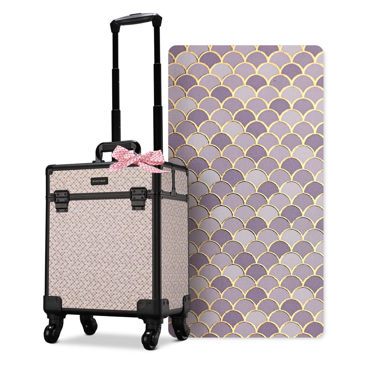 Rolling Makeup Train Case on Wheels - Art Deco Cosmetic Trolley with Extendable Trays