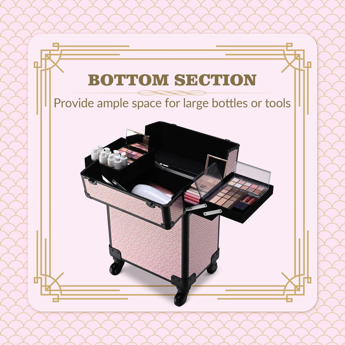 Rolling Makeup Train Case on Wheels - Art Deco Cosmetic Trolley with Extendable Trays
