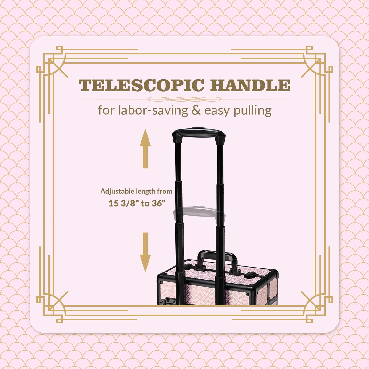 Rolling Makeup Train Case on Wheels - Art Deco Cosmetic Trolley with Extendable Trays