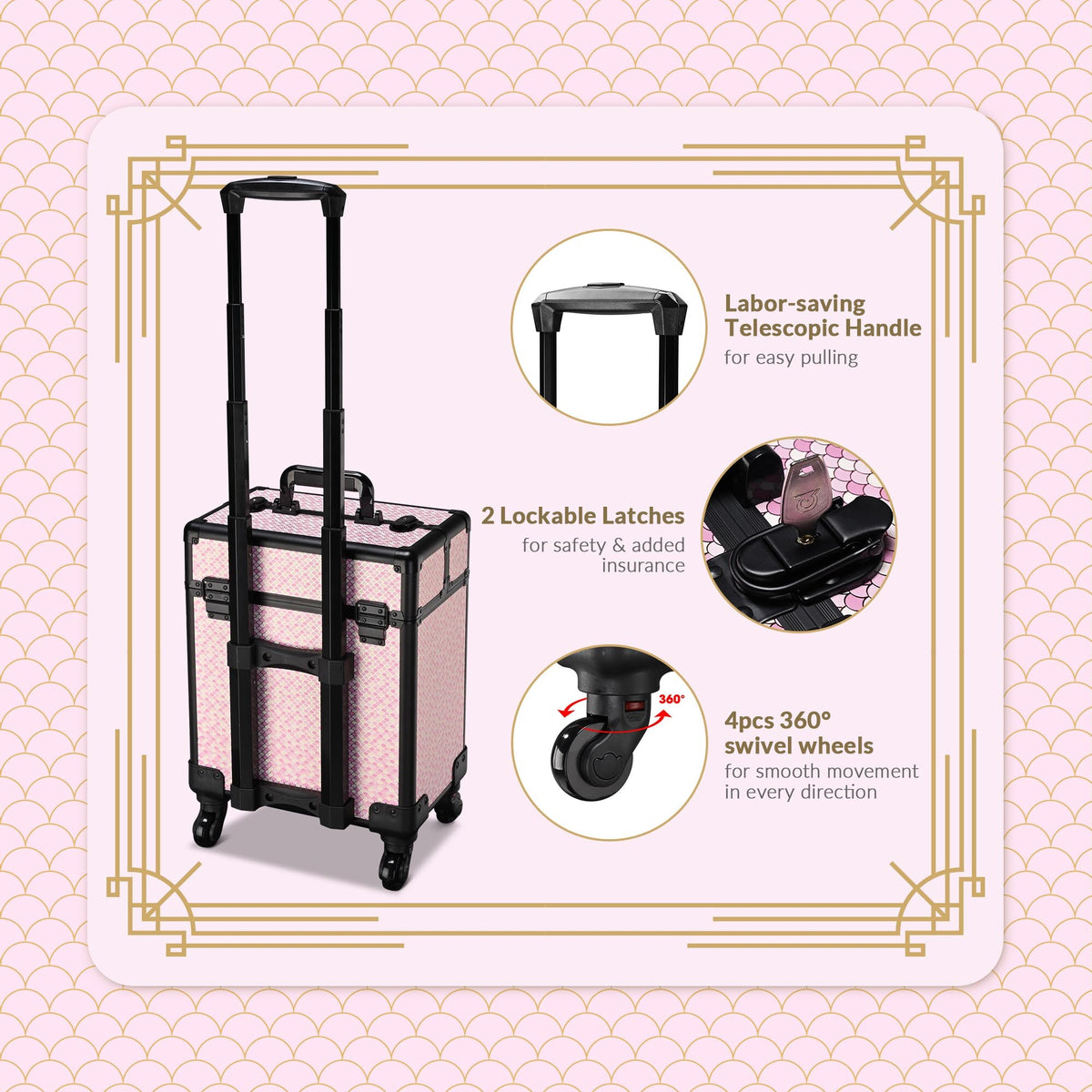 Rolling Makeup Train Case on Wheels - Art Deco Cosmetic Trolley with Extendable Trays