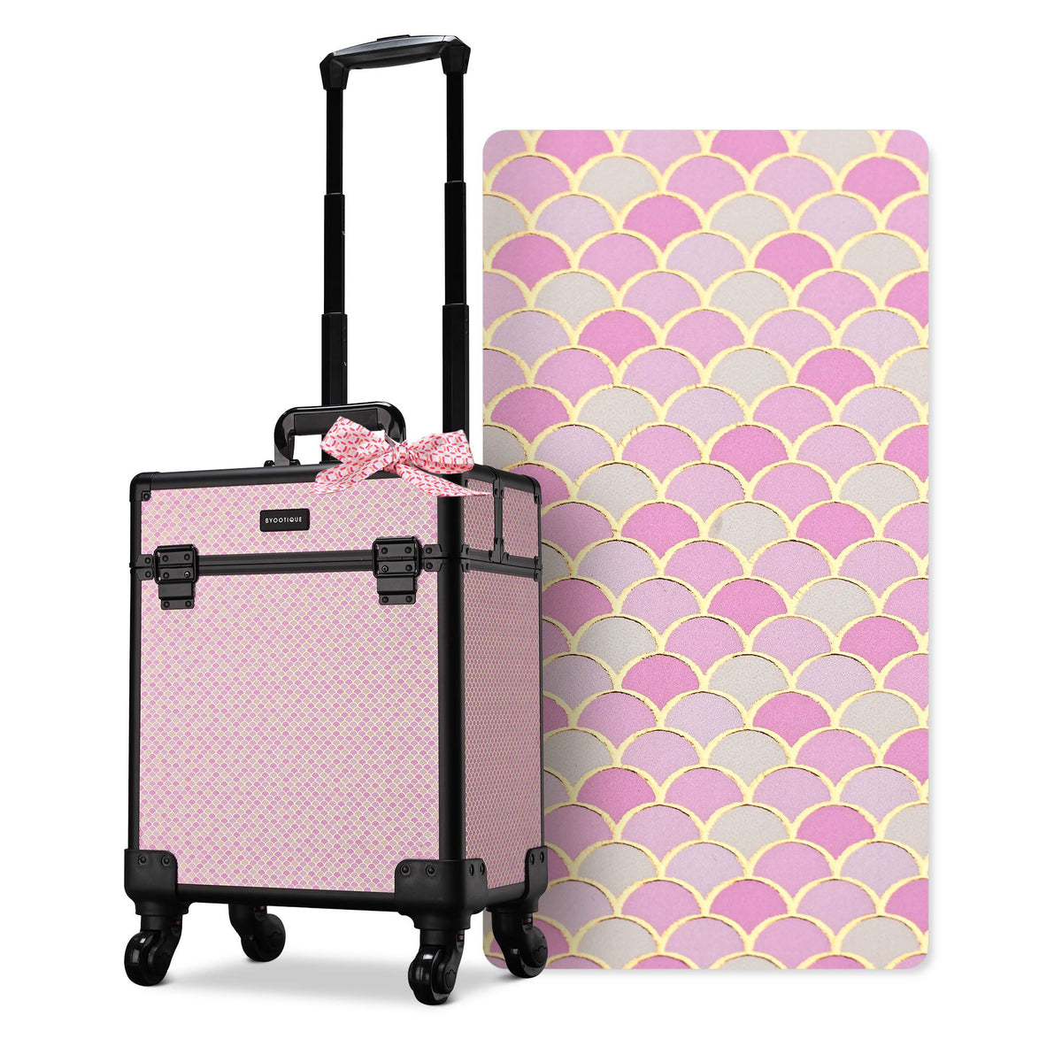Rolling Makeup Train Case on Wheels - Art Deco Cosmetic Trolley with Extendable Trays
