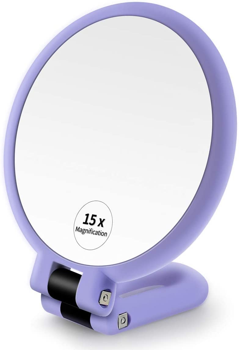 Portable 15X Magnifying Hand Mirror with Foldable Handle for Travel Makeup