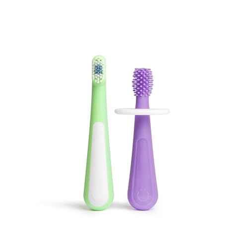 Ubbi Grow with Me Toothbrush Training Set for Babies and Toddlers, Includes One 360¡Æ Food-Grade Platinum Silicone and One Soft Bristled Toothbrush, Smoothie Purple and Zest Green