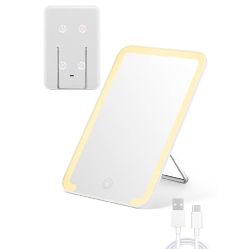 Qislee Magnetic Locker Mirror, 8 x 5 inches Travel Makeup Mirror with Light and Foldable Stand, 3 Color Modes Touch Dimming, Perfect Travel Accessory, White