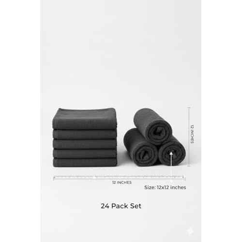 BIOLINEN Cotton Washcloth Towel Set, 12"x12", Pack of 24, Ultra Soft, 100% Cotton, Multi-Purpose Rags (Grey, 12 x 12-24 Pack)