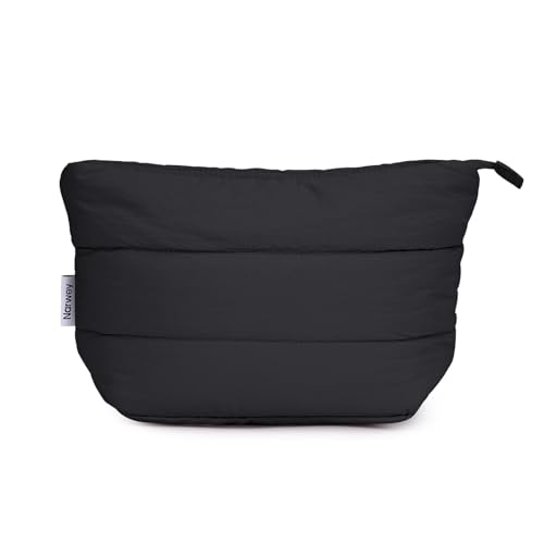 Narwey Small Makeup Bag for Travel Women Girl, Puffer Cosmetic Bag Makeup Pouch for Purse with Zipper, Cute Puffy Make Up Organizer Bags, Travel Toiletry Bag Toiletries (Black)