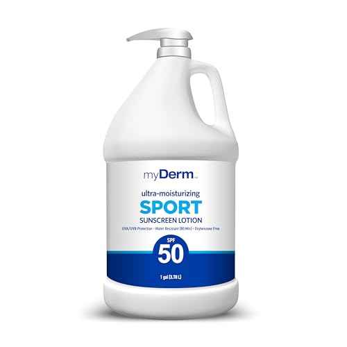MyDerm Ultra-moisturizing SPF 50 Sport Sunscreen Lotion, Free from Octisalate, Oxybenzone, Octinoxate and Parabens, Hawaii 104 Reef Act Compliant, 128 oz (1 Gallon), Broad Spectrum UVA/UVB Protection