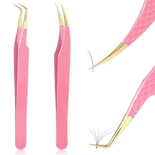 2PCS Professional Lash Tweezers Set, Bent & Straight Tip Precision Eyelash Extension Tweezers for False Lashes, Non-Slip Grip