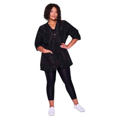 Betty Dain A Size Above Plus Size Salon Stylist Jacket, Cut for Curves, Three-quarter Length Sleeves, Button Down Front, Two Lower Front Pockets, Lightweight, Water Resistant Nylon/Poly, Black, 3X