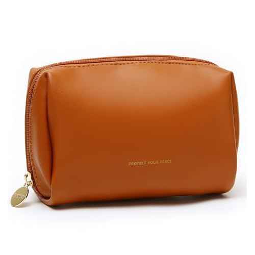 Aveniee Small Travel Makeup Bag, Vegan Leather Cosmetic Pouch for Purse,Wide-open Toiletry Organizer with Dividers & Zipper, Beauty Storage for Women-Brown