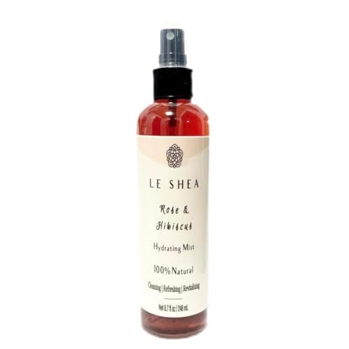 LE SHEA Hibiscus & Rose Water Spray with Aloe Vera, Rose Oil, All Natural Hydrating Facial Mist, Refresh Moisturize Hair Beard Braid Dreadlock Loc Condition Skin Body Face Rosewater Leave In 8.7 oz