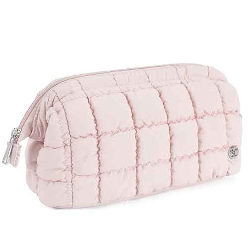 Telena Puffer Makeup Bags for Women, Nylon Puffy Padded Make Up Bags for Women Makeup Organizer Case, Wide-open Makeup Pouch Travel Essentials (Pink-2)