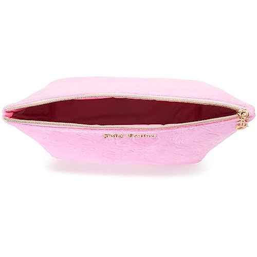 Juicy Couture Pink Makeup Bag Cosmetics Organizer Travel Essentials Zip Top Wedge Velour Heart Crown