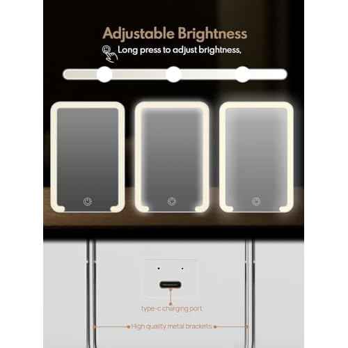 Qislee Travel Makeup Mirror with Lights, 3 Color Modes, 8 x 5 inches Desk Mirror with Foldable Stand, Touch Dimming, Perfect Travel Accessory, White