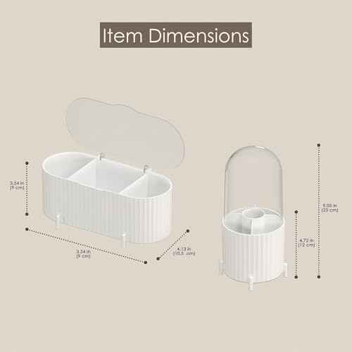2 Pcs Lidded Makeup Organizer and Brush Holder Set, 3-Compartment Storage and Covered Brush Holder, Compact Vanity Storage for Cosmetics, Skincare, Beauty Tools, Grey