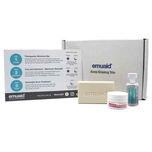 EMUAID Acne Erasing Trio - Therapeutic Moisture Bar, Overnight Acne Solution, EMUAIDMAX First Aid Ointment - Skincare Set Targets Cystic Acne, Clears Blackheads, Helps Improve Acne Scars & Blemishes