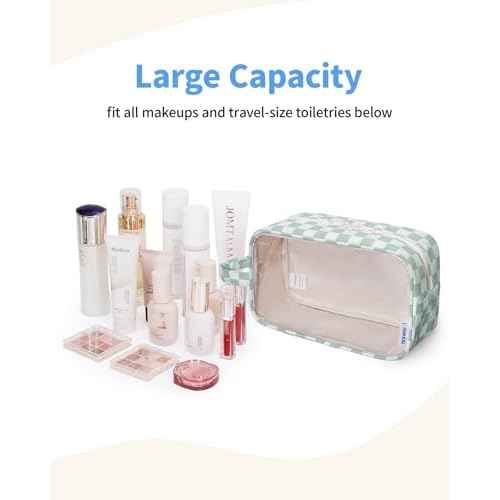 Narwey Clear Toiletry Bags for Traveling Women Men, Clear Travel Bags for Toiletries Makeup Bag Cosmetic Bag with Zipper, Make Up Organizer, Skincare Bag (Mint Green Checkerboard)